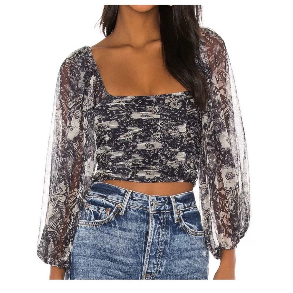Free People Lilia top, navy and white floral long sleeve crop